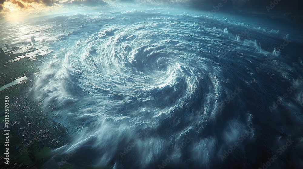A 3D render shows a powerful hurricane intensifying as it strikes a coastal city, underscoring the growing strength of storms due to climate change. A 3D render shows a powerful hurricane intensifying as it strikes a coastal city, underscoring the growing strength of storms due to climate change.