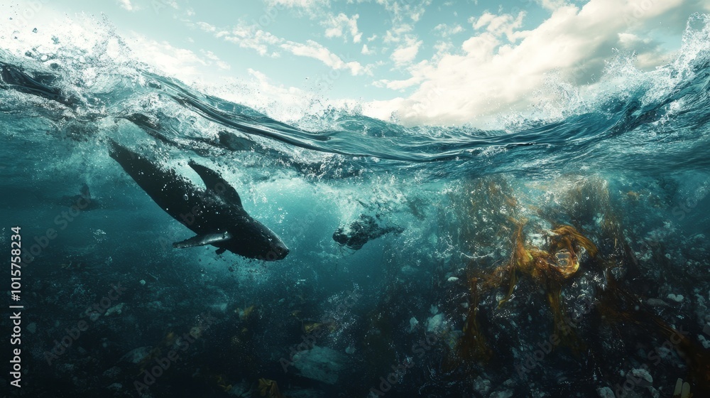 Fototapeta premium Oil spill. Ocean oil pollution. Environmental issues concept