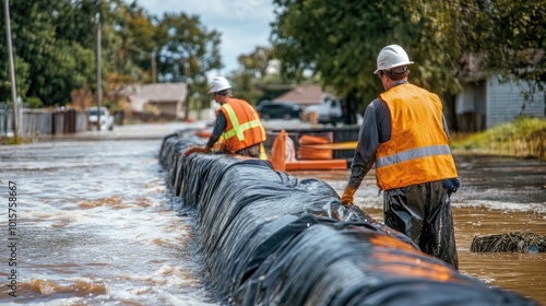Workers in Safety Gear Reinforcing Flood Barriers During Severe Weather Conditions in Residential Area