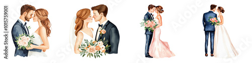 A romantic illustration of couples embracing in wedding attire, showcasing love and intimacy through multiple heartfelt poses. photo