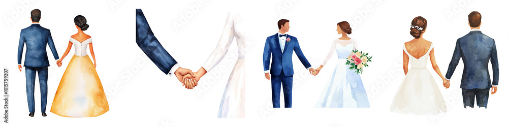 Fototapeta premium A collection of stylized figurines representing couples in different wedding attire and poses, showcasing love and celebration.