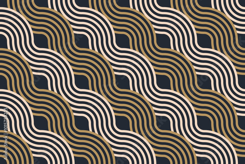 Abstract Waves Seamless Pattern. Wavy Lines Black, Gold and White Background.