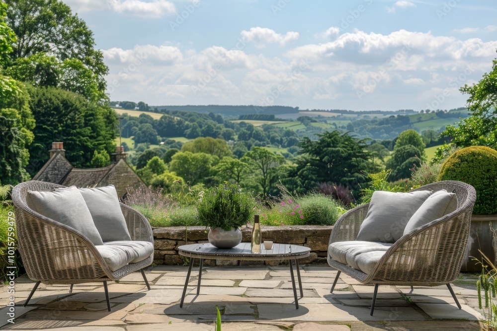 Fototapeta premium Light grey rattan garden furniture set on stone terrace with lush greenery and rolling hills.