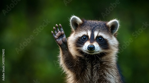 Photo of raccoon raising its paw, close-up, on clean solid background, pet relief concept, pets, care and maintenance, cute wild animals environment	