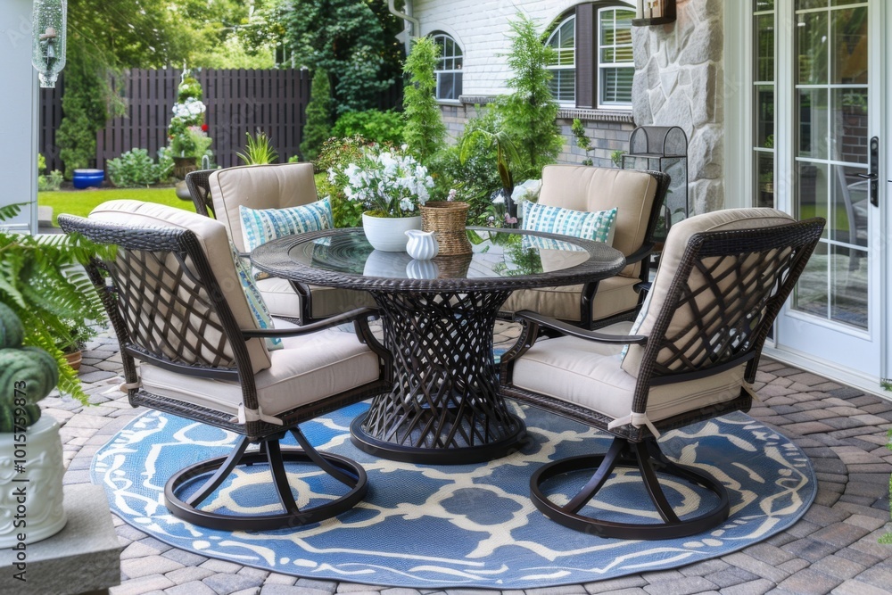 Patio dining set with dark brown wicker chairs, beige cushions, and large round glass top table on a light blue rug. Patio dining set with dark brown wicker chairs, beige cushions, and large round glass top table on a light blue rug.