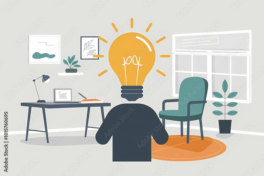 A light bulb over a person's head. The light bulb is glowing. The person is standing in a room with a desk, a chair and a window. The desk has a laptop, a pen and a notebook. A light bulb over a person's head. The light bulb is glowing. The person is standing in a room with a desk, a chair and a window. The desk has a laptop, a pen and a notebook.