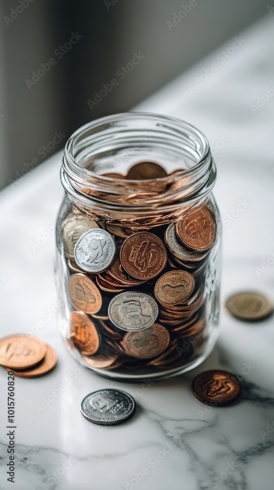 Glass Jar Filled with Various Coins on Marble Surface Representing Savings and Financial Planning Glass Jar Filled with Various Coins on Marble Surface Representing Savings and Financial Planning