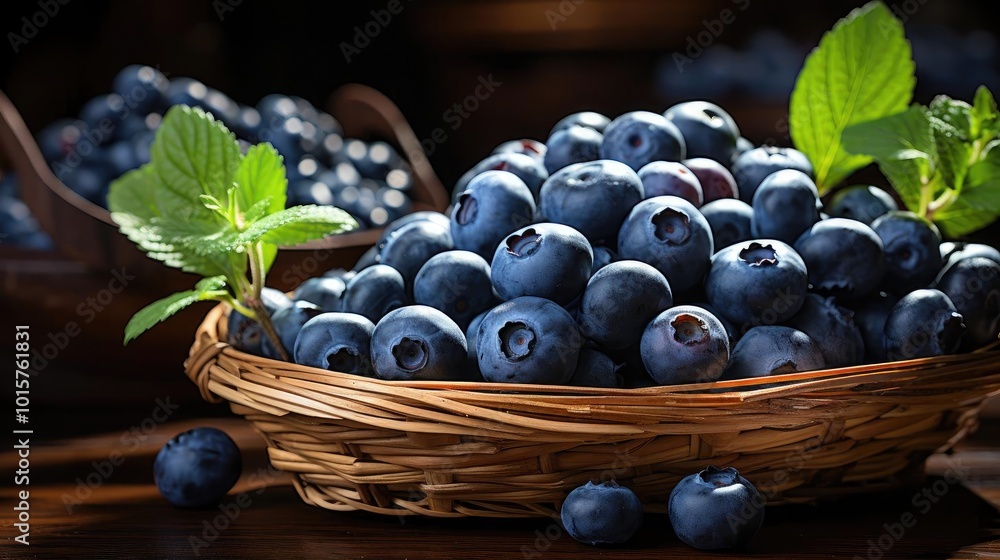 a basket filled with blueberries and a green leaf a basket filled with blueberries and a green leaf