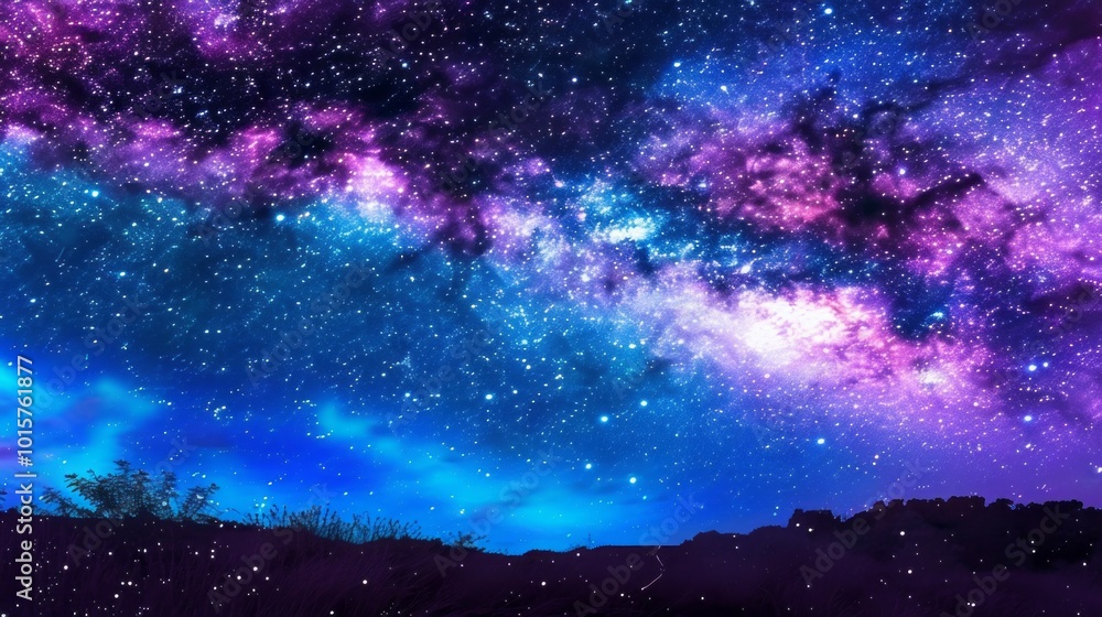 Fototapeta premium Enchanting fantasy starry night sky with blue and purple hues, featuring a vibrant galaxy and mesmerizing aurora – stunning 4k wallpaper perfect for digital spaces and cosmic-themed interior design