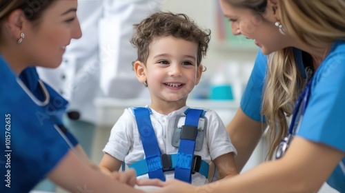 A pediatric medical team using a small, adjustable brace on a young child, specifically designed to treat developmental hip dysplasia with comfort and safety photo