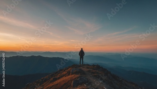 Silhouette of person standing at cliff edge during sunset, gazing at horizon