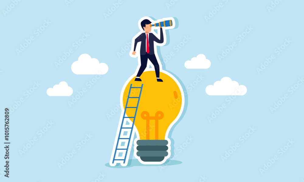 Obraz premium A businessman is climbing a light fixture with a ladder while using a telescope, illustration of a vision for generating ideas and innovations relevant to the target market.