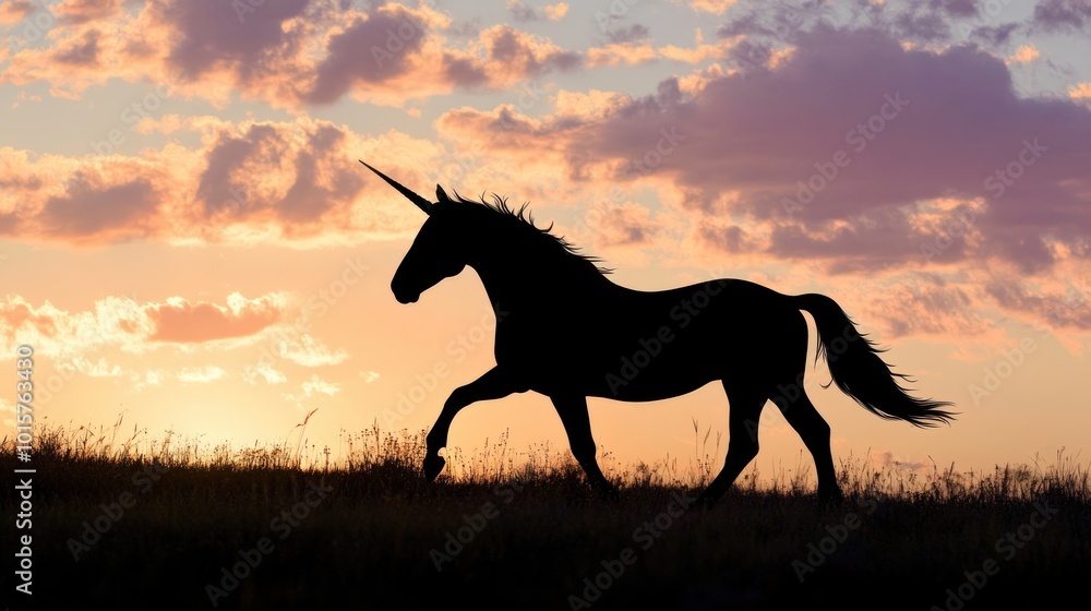 Silhouette of a Unicorn Running at Sunset Silhouette of a Unicorn Running at Sunset