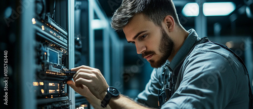 IT technician installing and configuring hardware systems in a corporate office. photo