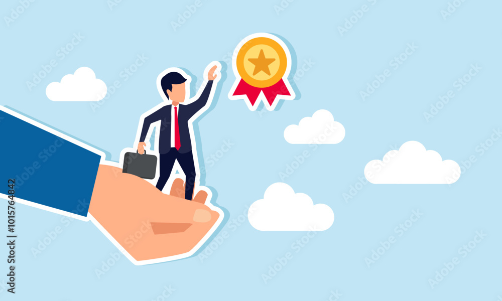 A hand assisting a businessman tries to help him reach for an award medal, illustration of support from a third party in achieving business success or completing a project. A hand assisting a businessman tries to help him reach for an award medal, illustration of support from a third party in achieving business success or completing a project.