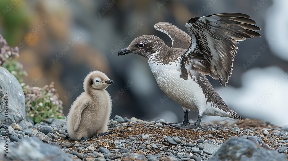 Fototapeta premium A brown skua feasts on a penguin chick near Elephant Island in Antarctica, showing the harsh realities of survival in nature.