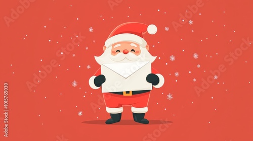 a cute santa claus on a red background holding up a white envelope photo