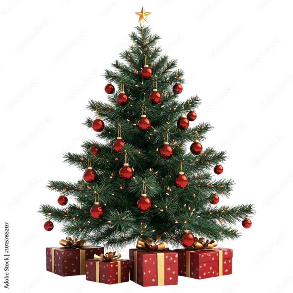 Christmas tree with red ornaments and gifts underneath on a transparent background.
Christmas tree with red ornaments and gifts underneath on a transparent background.