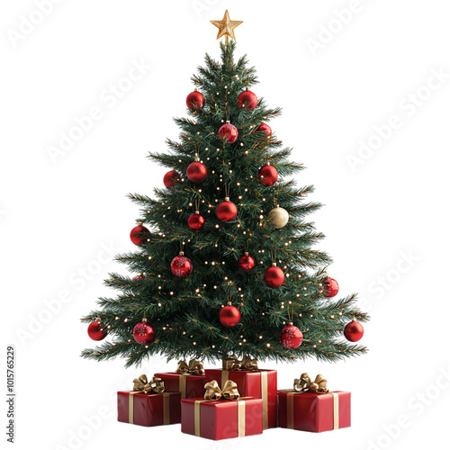 Christmas tree with red ornaments and golden gifts underneath on a transparent background.
