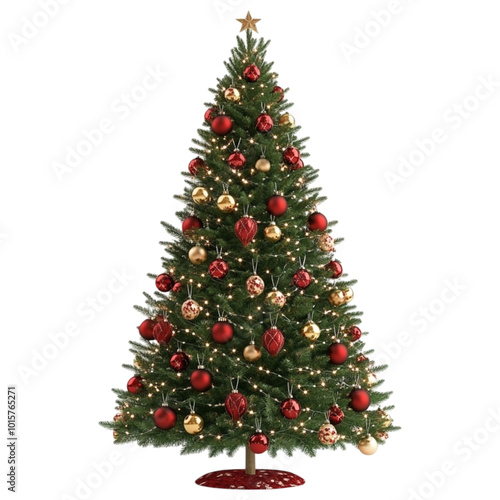 Beautifully decorated Christmas tree with red and gold ornaments and garland on a transparent background. 