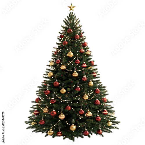 Beautifully decorated Christmas tree with red and gold ornaments and garland on a transparent background.
