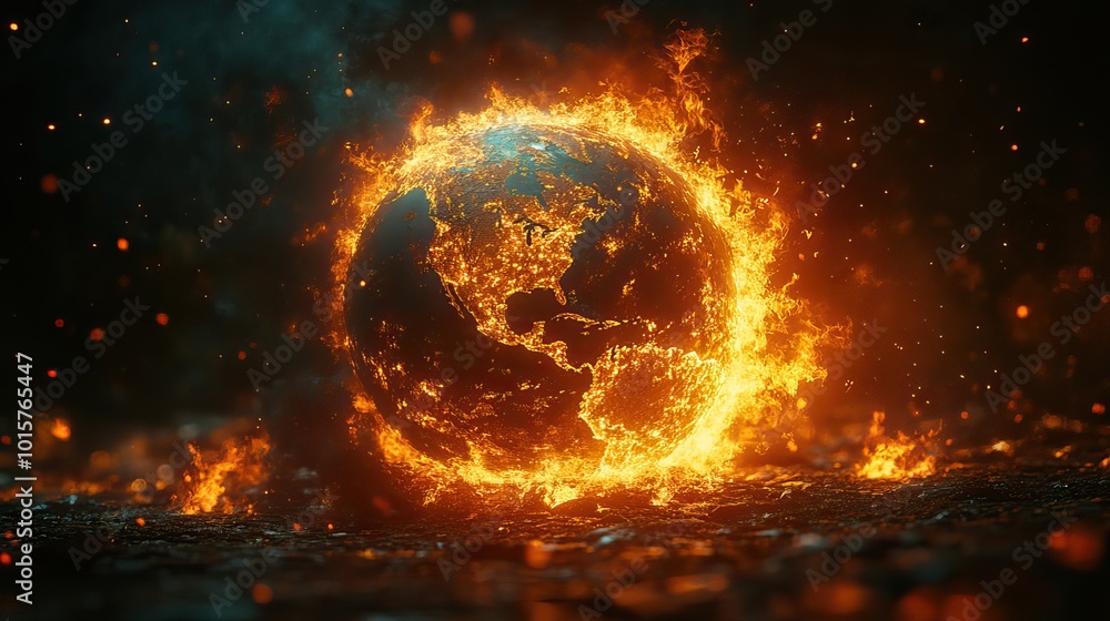 A burning earth conveys the catastrophic effects of climate change on our planet and its fragile ecosystems. A burning earth conveys the catastrophic effects of climate change on our planet and its fragile ecosystems.