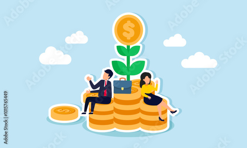 A businessman and businesswoman are relaxing on a pile of coin plants, illustration of positive growth from investments or financial freedom and stability.