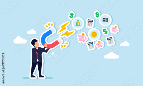 A businessman holding a magnet is attracting financial elements, illustration of the effort to acquire targetable financial resources for the company.