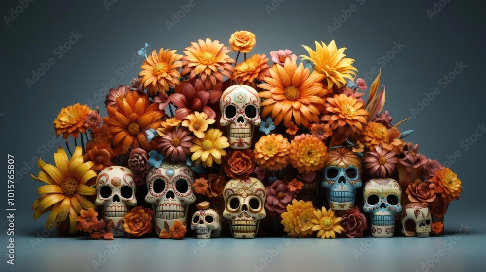 a group of skulls with flowers in the background a group of skulls with flowers in the background