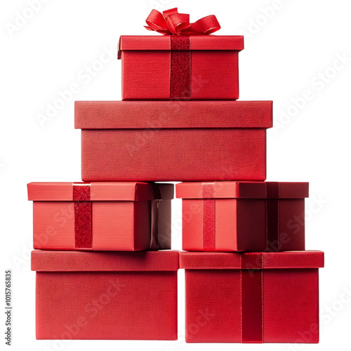 Stack of red gift boxes tied with ribbon on a transparent background.
