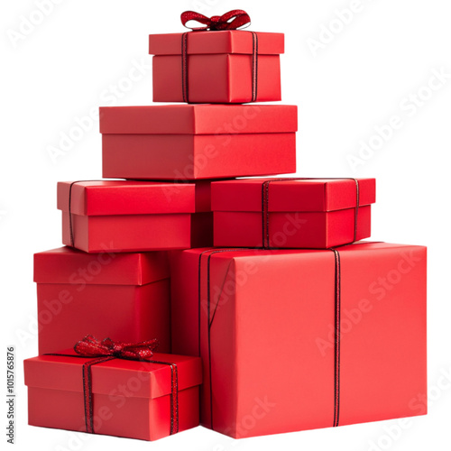 Stack of red gift boxes tied with ribbon on a transparent background.
