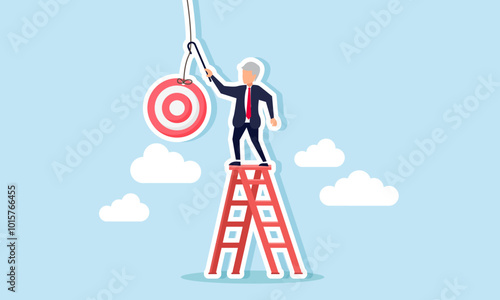 An elderly businessman tries to reach a target board hook with his cane while climbing a ladder, illustration of the conventional approach to managing a business team's performance.