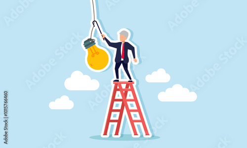 An elderly businessman tries to reach a hanging lightbulb with his cane while climbing a ladder, illustration of the conventional approach to brainstorming or pursuing outdated ideas.