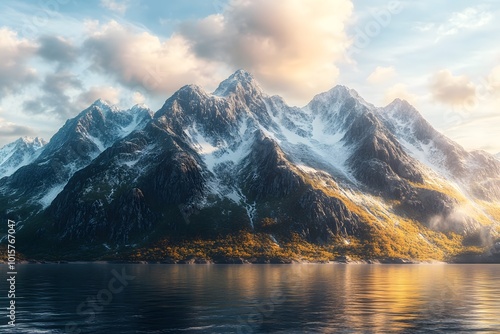 Majestic mountains reflecting on tranquil water surface. photo