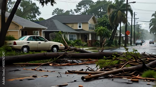 Strong winds and heavy rain cause fallen trees and debris on residential streets in a coastal neighborhood