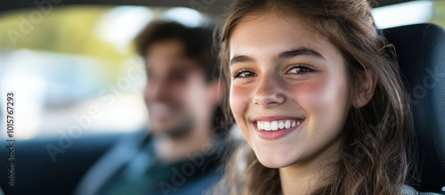 Happy young woman sitting in a car with a blurry man in the background.