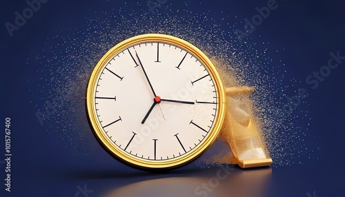 A golden clock with a white face and red hands, partially surrounded by sparkling dust, set against a deep blue background.