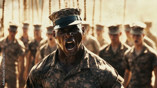 A commanding figure shouts at recruits during military training. photo