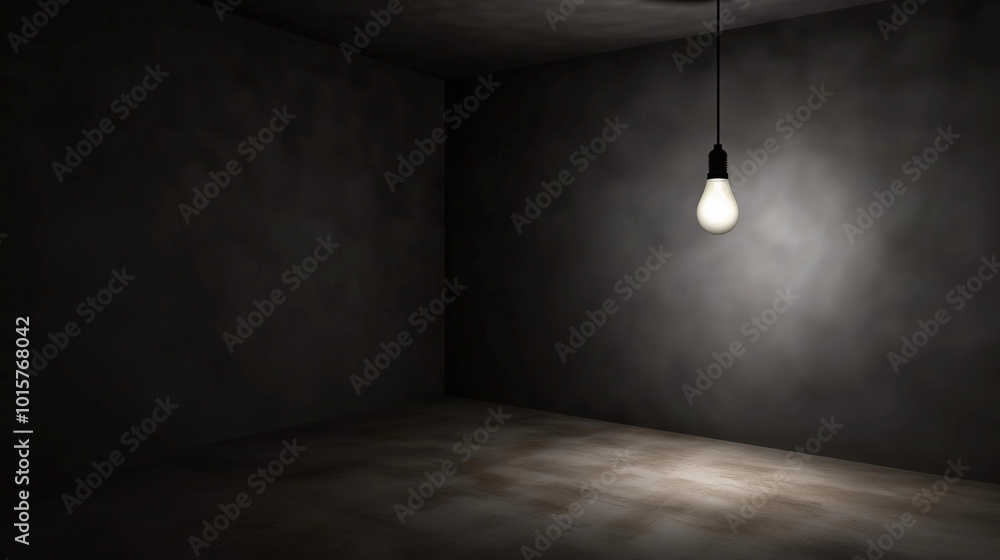 Dark empty room with single flickering light bulb casting long shadows, emphasizing absence of power and eerie atmosphere, minimalist setting with focus on light bulb's glow. Dark empty room with single flickering light bulb casting long shadows, emphasizing absence of power and eerie atmosphere, minimalist setting with focus on light bulb's glow.