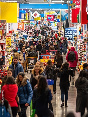 Shoppers fervently search for bargains amid a vibrant sea of sale banners in a bustling retail scene.