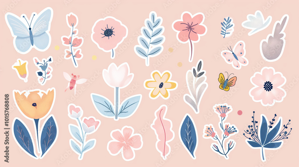 A set of stickers with spring flowers, leaves and butterflies in a flat vector on a pastel pink background. A set of stickers with spring flowers, leaves and butterflies in a flat vector on a pastel pink background.