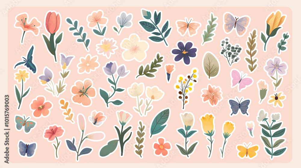 A set of stickers with spring flowers, leaves and butterflies in a flat vector on a pastel pink background. A set of stickers with spring flowers, leaves and butterflies in a flat vector on a pastel pink background.