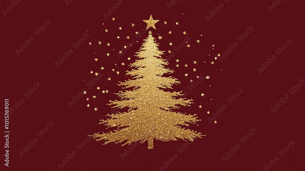 minimalist golden christmas card with a golden xmas tree on a dark red background minimalist golden christmas card with a golden xmas tree on a dark red background