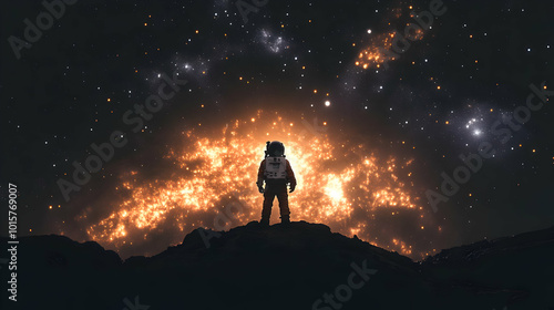 A lone astronaut stands on a rocky surface gazing at a fiery nebula in the night sky