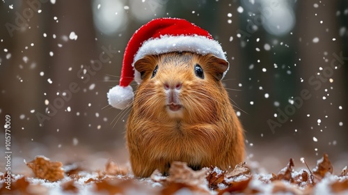 Adorable Guinea Pig in Santa Hat Amid Snowy Scene