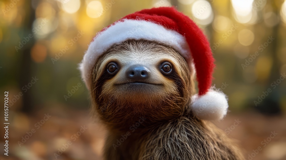Charming Sloth Wearing Santa Hat in Festive Setting Charming Sloth Wearing Santa Hat in Festive Setting
