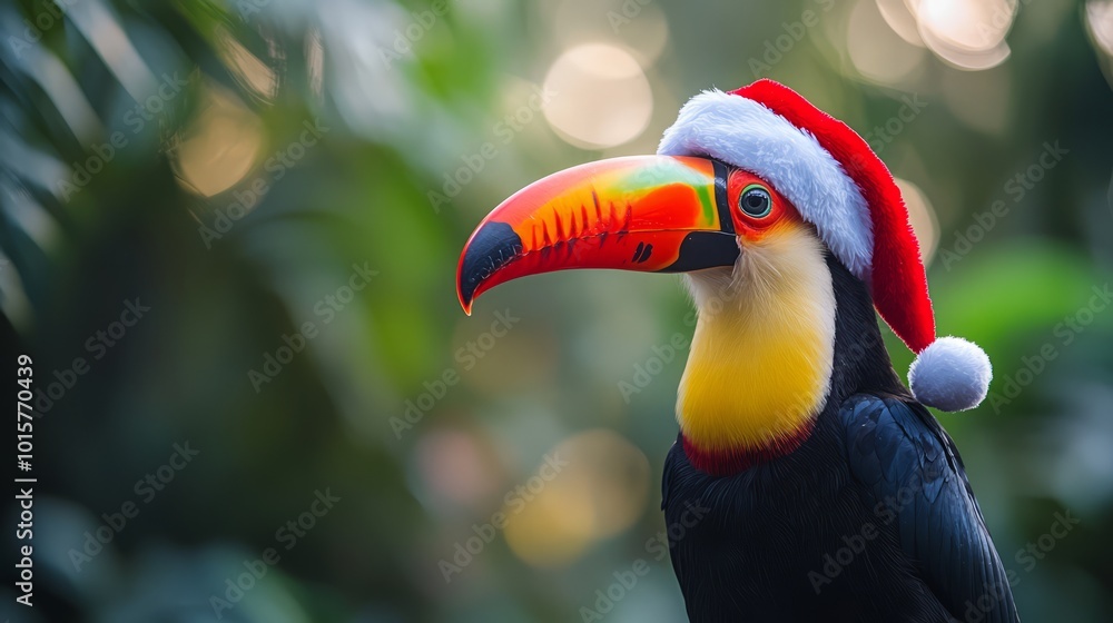 Obraz premium Vibrant Toucan Wearing Santa Hat in Nature