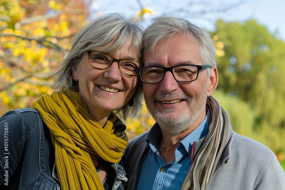 Portrait of happy senior couple in the autumn park. Selective focus. Portrait of happy senior couple in the autumn park. Selective focus.