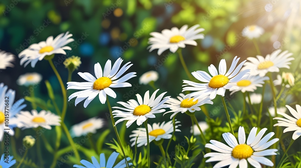 Fototapeta premium sun flower flowers blooming in spring, easter time against a natural sunny blurred garden banner background of blue and white