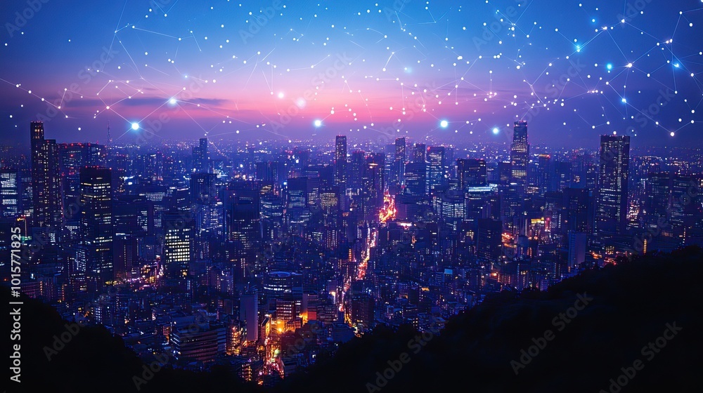 Obraz premium A cityscape at night connected by wireless networks, illustrating urban technology and connectivity.